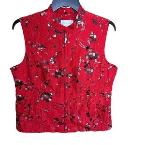 Erin London Red Metallic Floral Asian Inspired Zip Up Vest Size L Old Money
